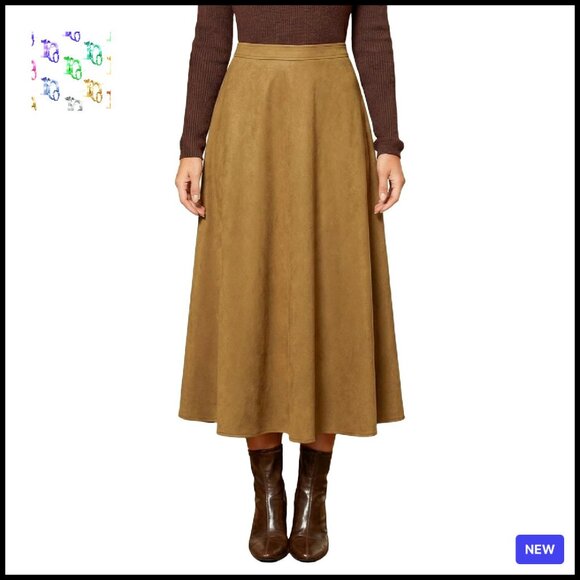 Suede Midi Skirt A-Line High Waisted Dressy Chic Fall Winter Pockets